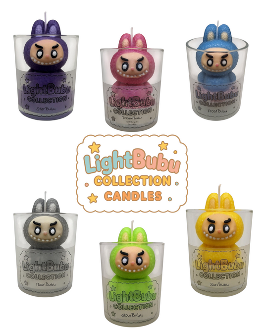 Lightbubu Candle Collection featuring custom scented soy candles with six unique glowing character designs by KC Luxury Scented Candles
