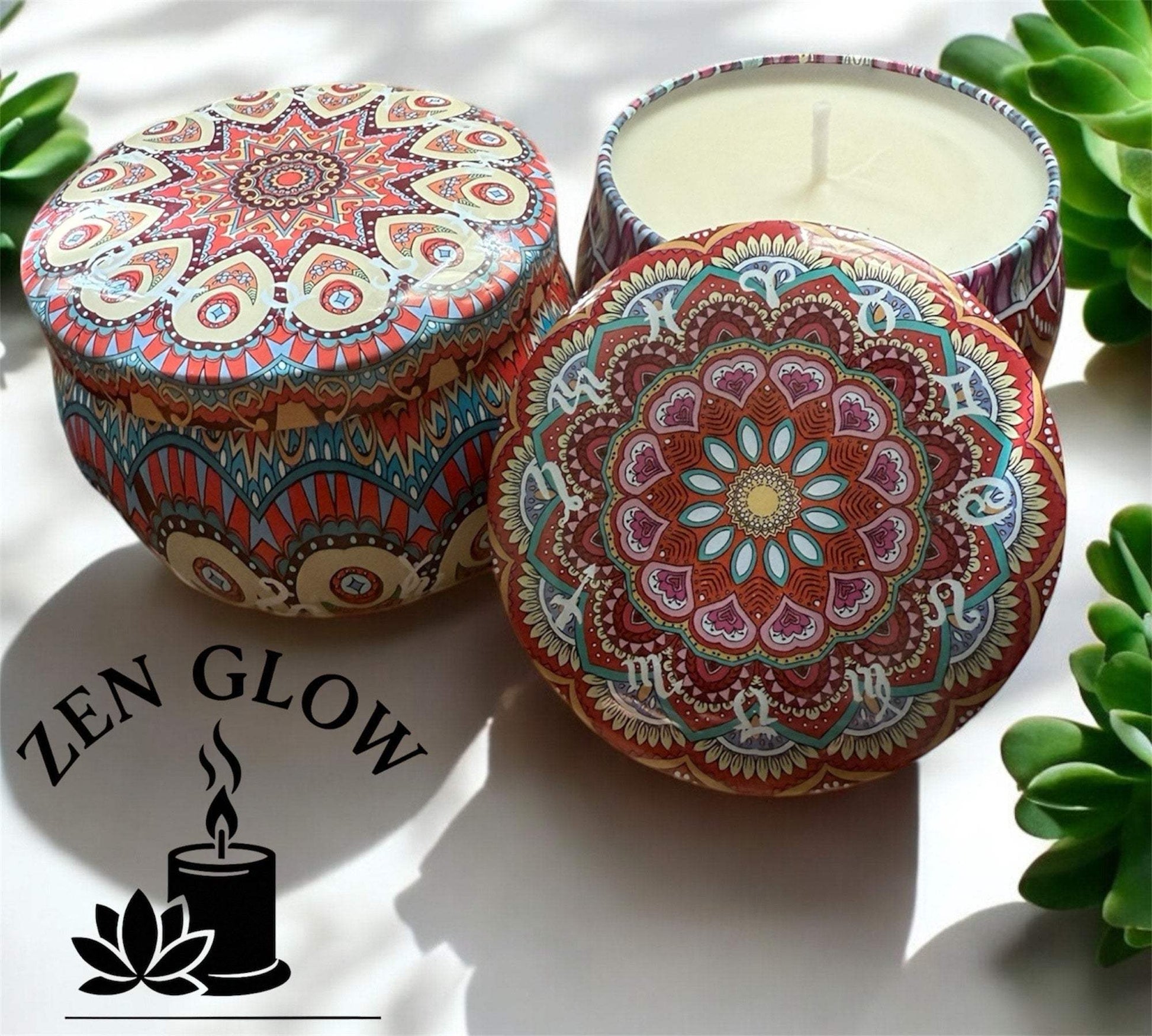 KC Zen Glow relaxing soy candle with aromatherapy essential oils in decorative tin.