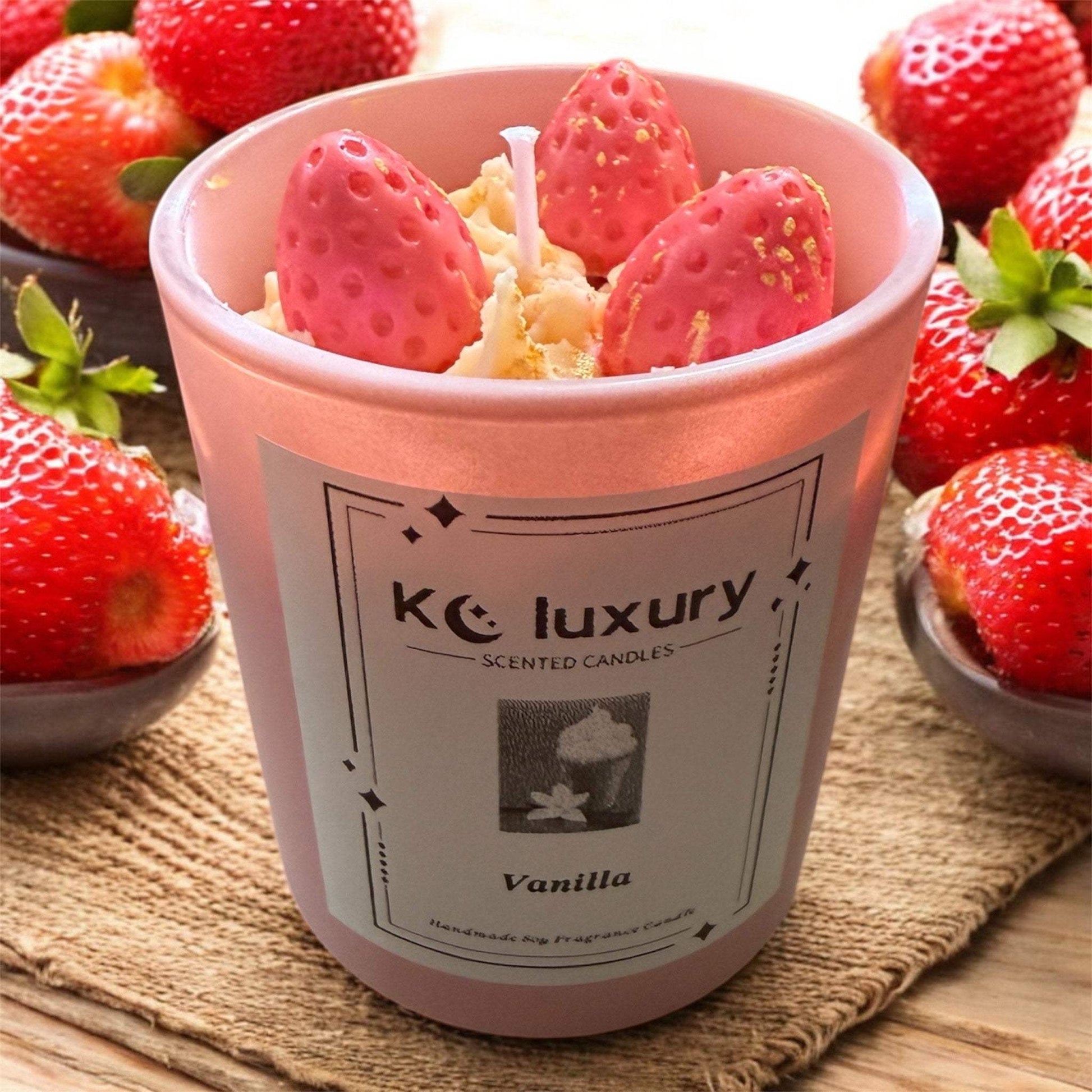 Handcrafted KC Strawberry Shortcake soy wax candle with realistic strawberry design and sweet fragrance, part of Luxe Scented Sweets Collection.