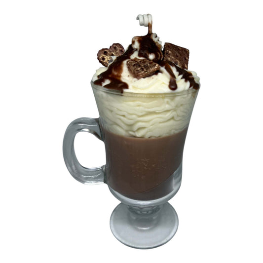 Mocha Latte Luxe candle with whipped foam, chocolate drizzle, and cookies in a glass mug.