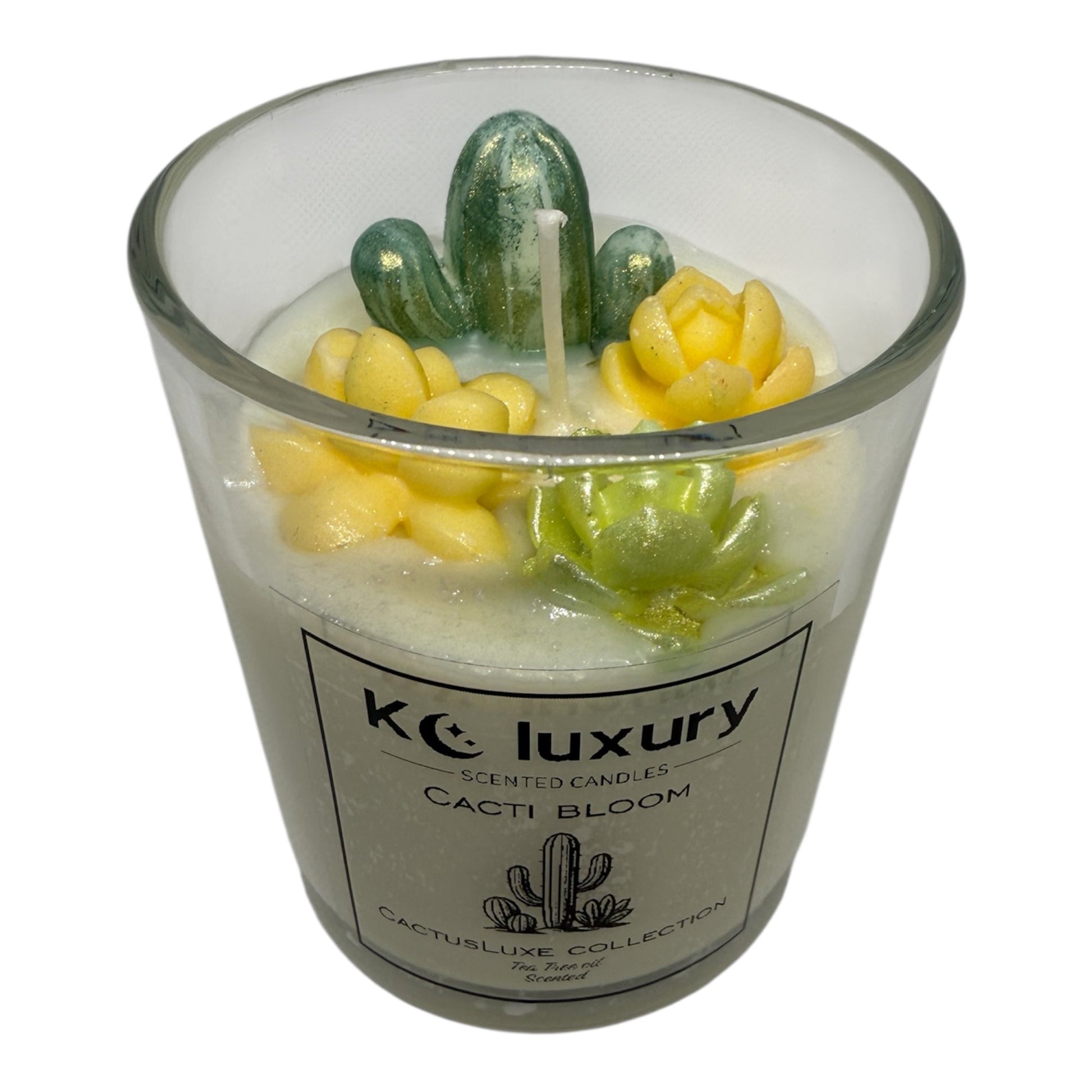 Cacti Bloom Candle with handcrafted cactus-shaped wax molds, in a glass jar.