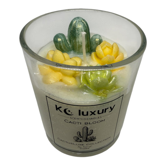 Cacti Bloom Candle with handcrafted cactus-shaped wax molds, in a glass jar.