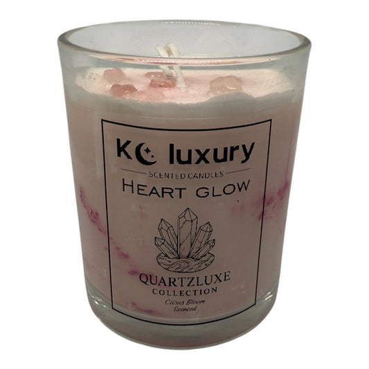 Pink Heart Glow Candle with rose quartz crystals by KC Luxury Scented Candles, part of QuartzLuxe Collection.