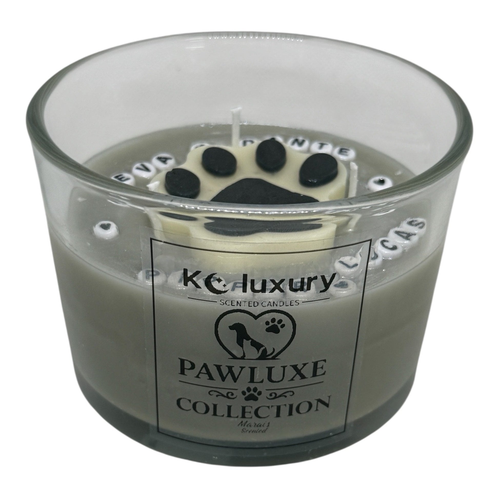 The Pawfect Candle luxury soy candle with custom pet name and paw print from PawLuxe Collection by KC Luxury Scented Candles