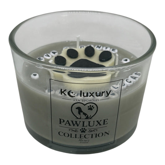 The Pawfect Candle luxury soy candle with custom pet name and paw print from PawLuxe Collection by KC Luxury Scented Candles