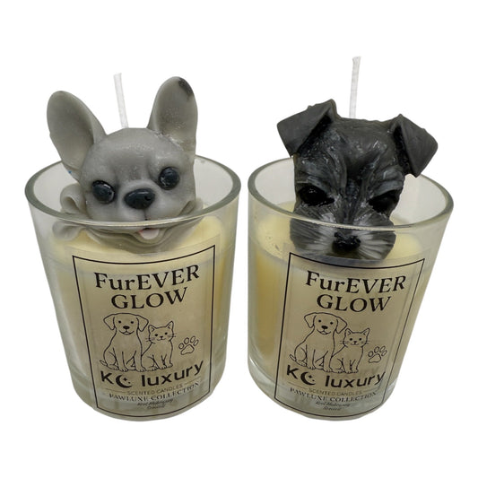 Furever Glow Candle with 3D realistic pet design, luxury hand-poured soy candle for pet lovers, customizable scent and color.