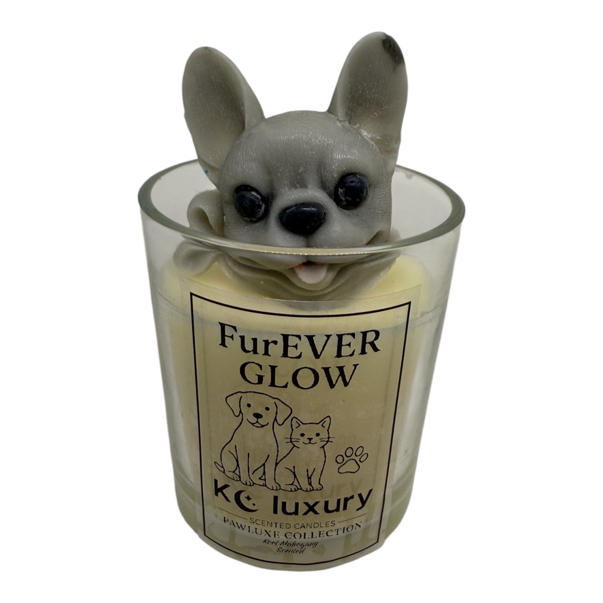 Furever Glow Candle with 3D dog figure, luxury hand-poured soy candle for pet lovers, customizable scent and design