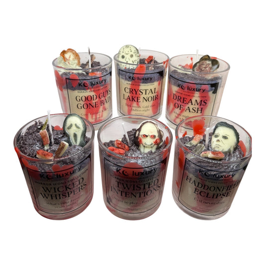 Set of six KC Luxury Horror Icons Candle Collection featuring Chucky, Ghostface, Michael Myers, Jason, Freddy, and Saw inspired scented candles with detailed villain faces and spooky decorations.