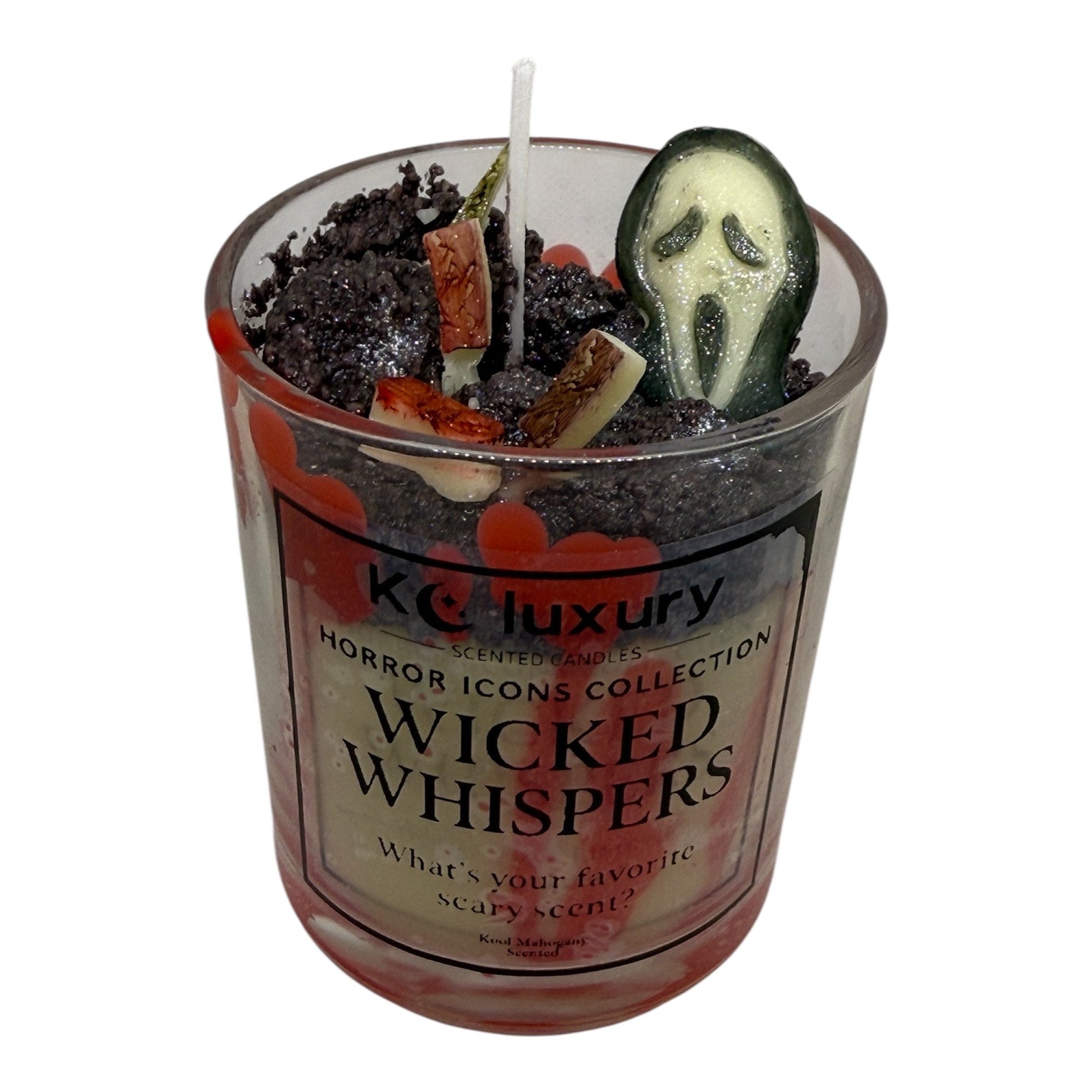 Horror Icons Candle Collection scented candle with Ghostface design and spooky wax details in glass jar