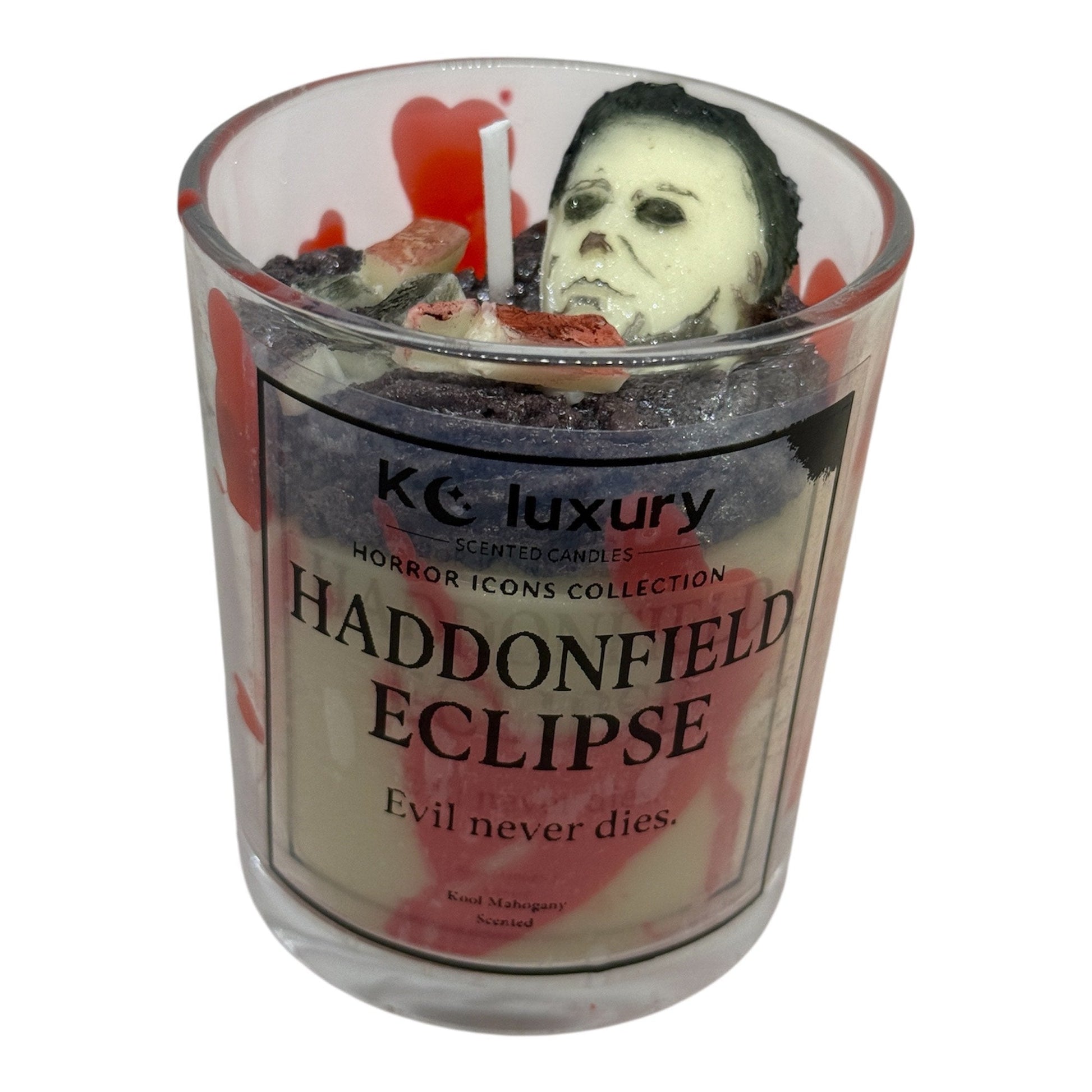 Horror Icons Candle Collection Haddonfield Eclipse scented candle featuring Michael Myers design in blood-splattered glass by KC Luxury