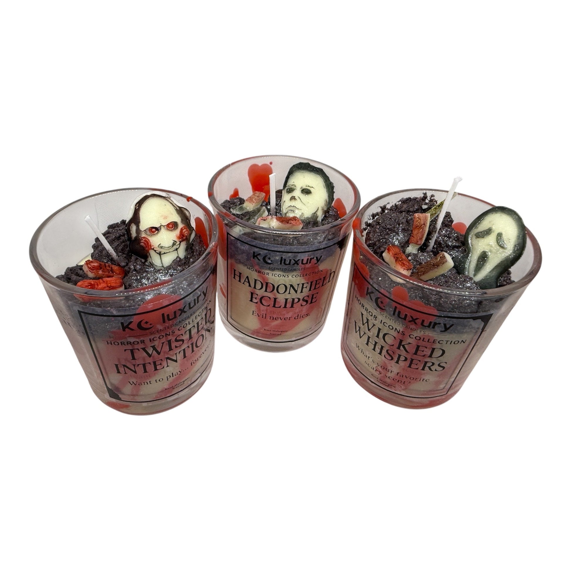 Horror Icons Candle Collection featuring Chucky, Ghostface, and Jigsaw inspired hand-poured luxury scented candles with spooky decorations