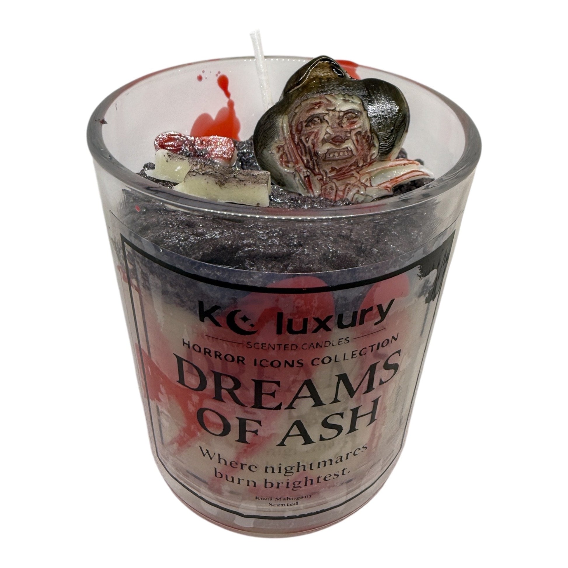 Horror Icons Candle Collection Dreams of Ash scented candle featuring Freddy Krueger figure and blood splatter design by KC Luxury