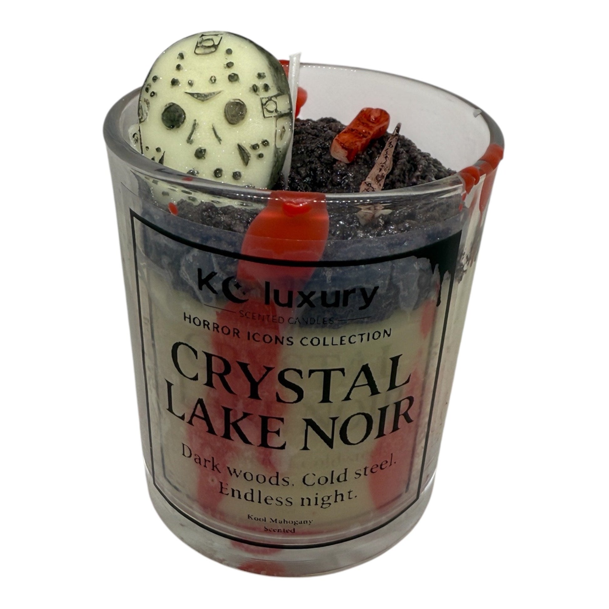 KC Luxury Horror Icons Candle Collection Crystal Lake Noir with Jason-inspired design, premium soy wax, spooky dark woods scent.