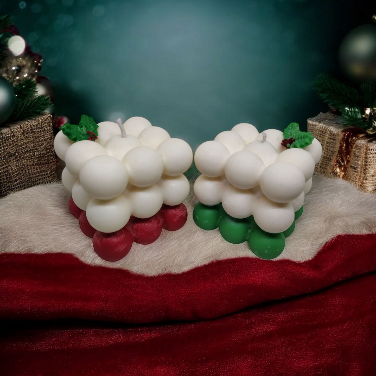Holly Jolly Bubble Cube Holiday Pillar Candles – Festive Christmas Decor & Gift