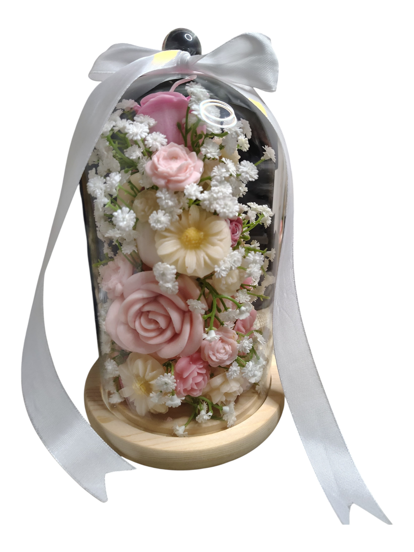 Enchanted Bloom Bouquet Candle – Wax Flower Arrangement Under Glass Dome | Everlasting Floral Gift