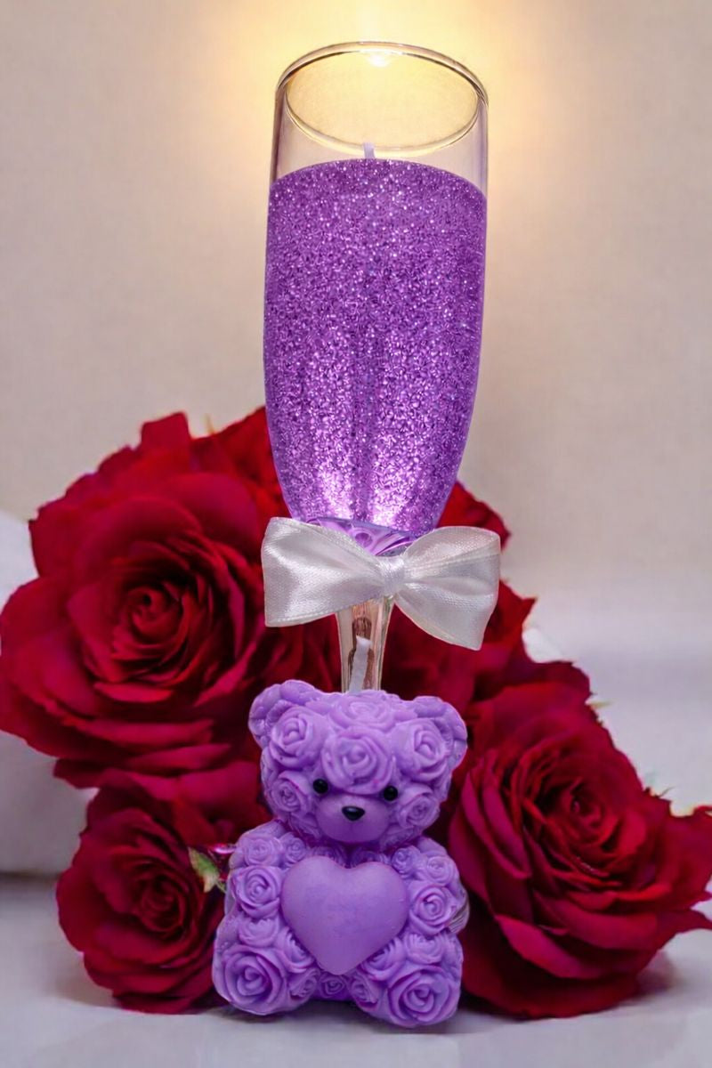 Everlasting Valentine’s Day Candle Gift Set – Teddy Bear & Champagne Glass | Personalized Love Keepsake