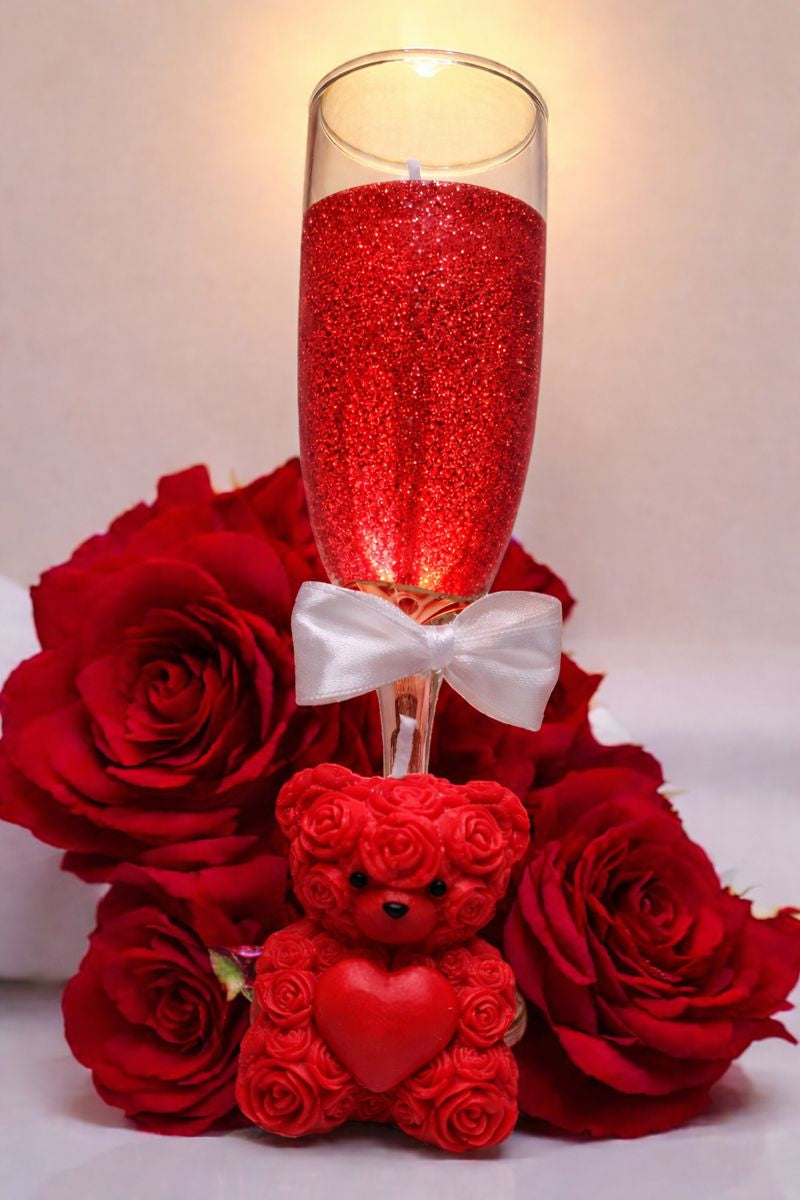 Everlasting Valentine’s Day Candle Gift Set – Teddy Bear & Champagne Glass | Personalized Love Keepsake