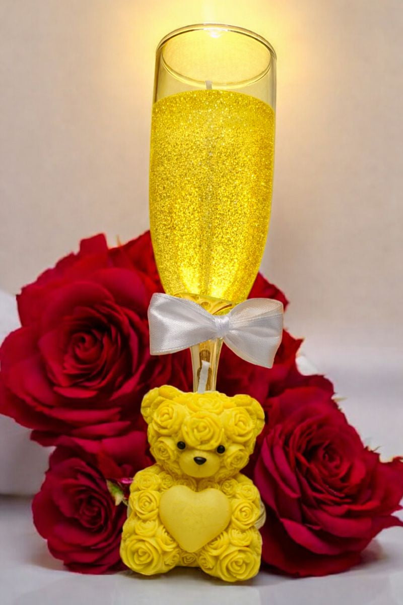 Everlasting Valentine’s Day Candle Gift Set – Teddy Bear & Champagne Glass | Personalized Love Keepsake