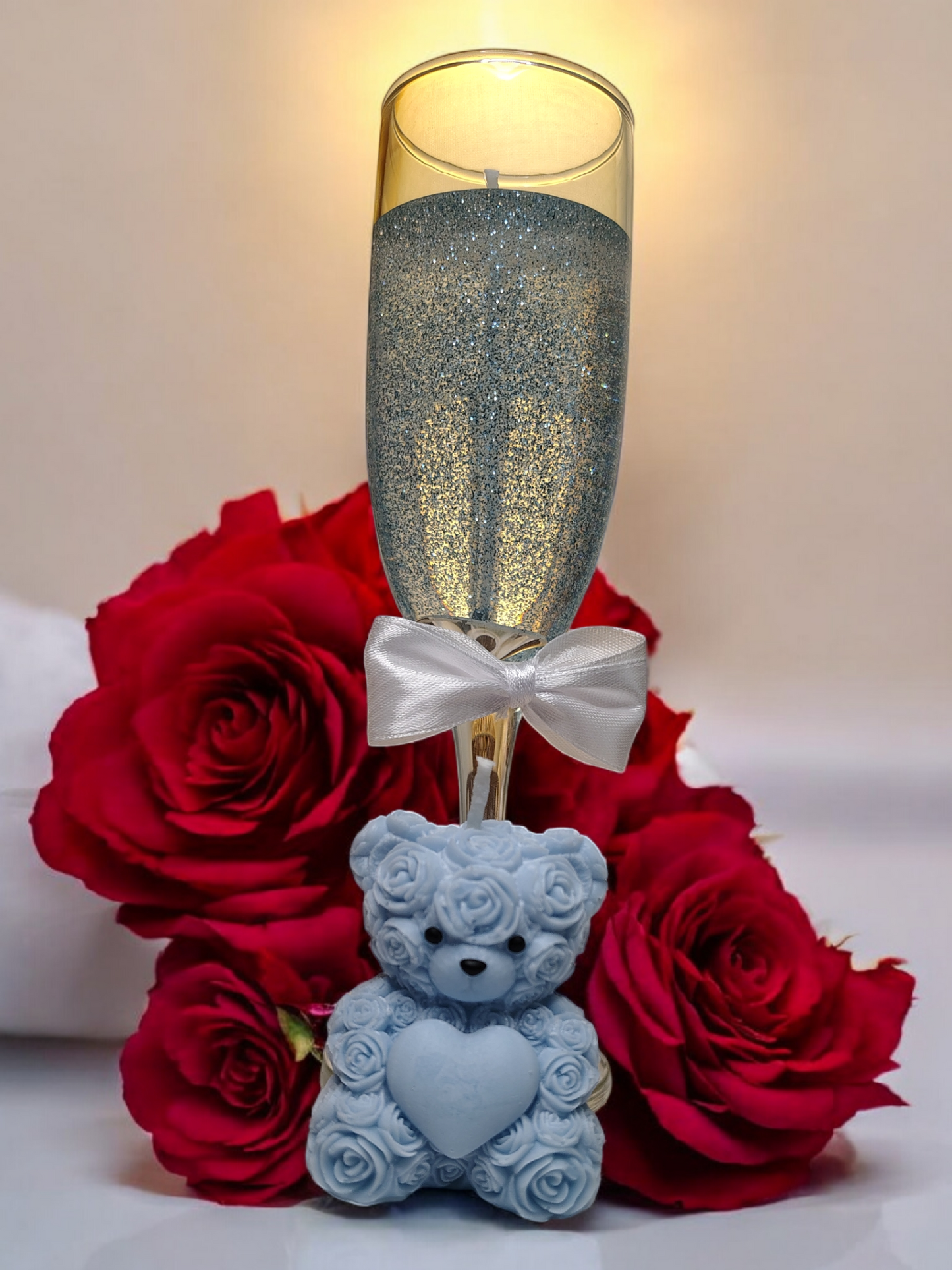 Everlasting Valentine’s Day Candle Gift Set – Teddy Bear & Champagne Glass | Personalized Love Keepsake