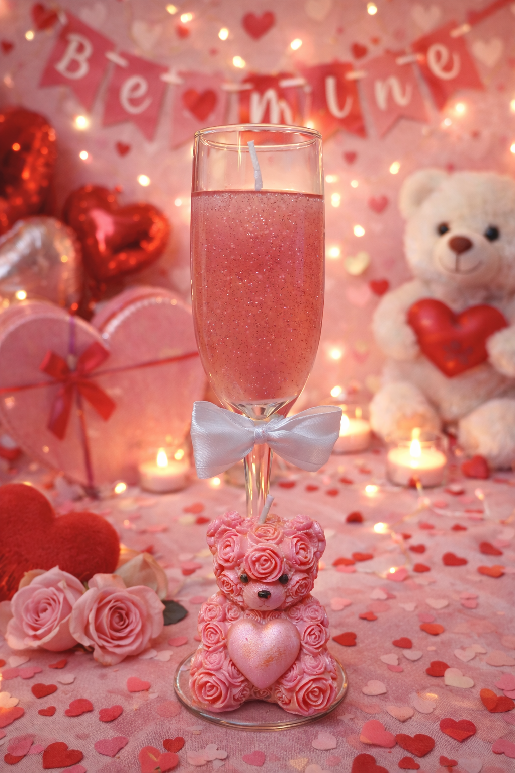 Everlasting Valentine’s Day Candle Gift Set – Teddy Bear & Champagne Glass | Personalized Love Keepsake