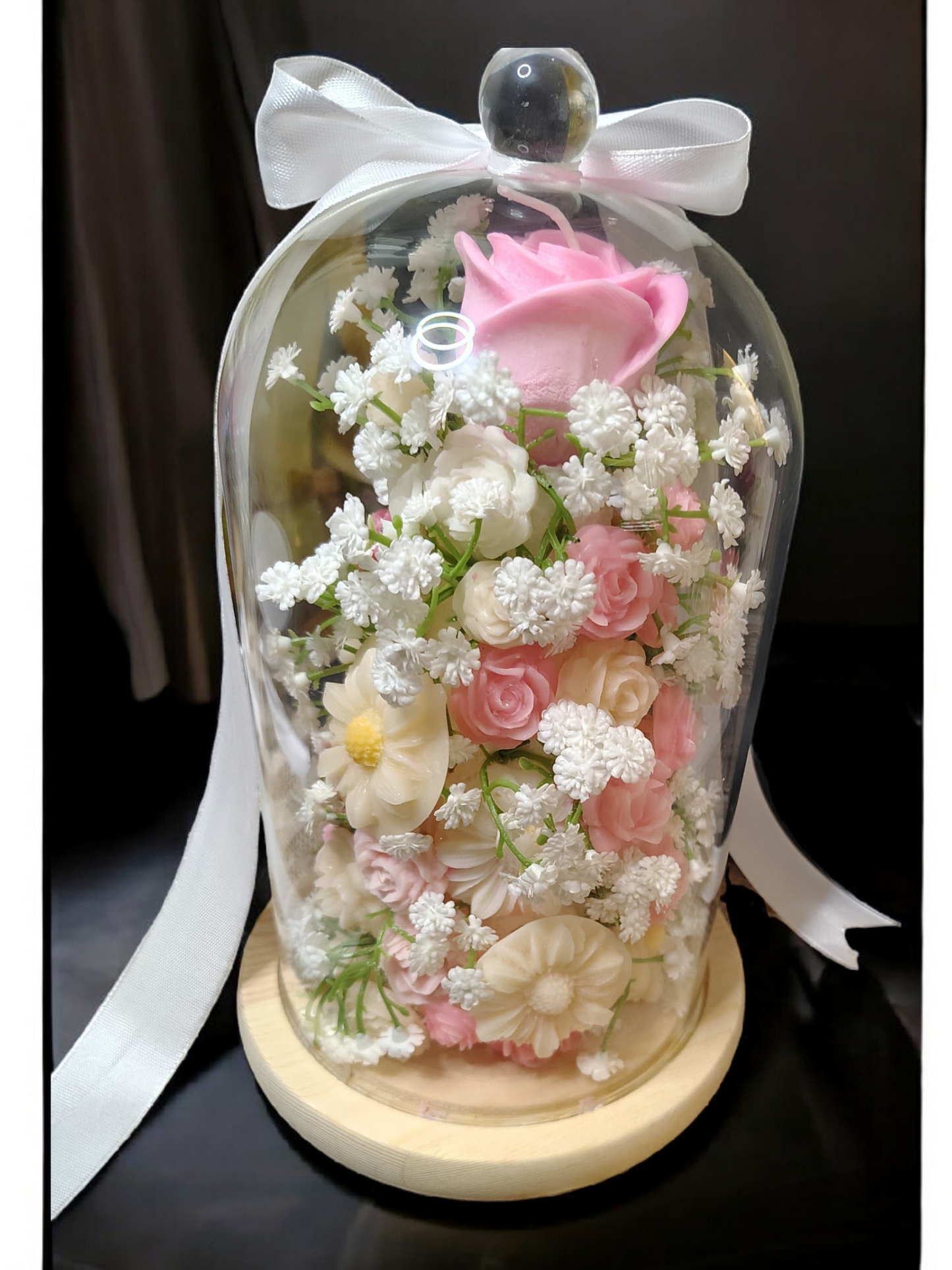 Enchanted Bloom Bouquet Candle – Wax Flower Arrangement Under Glass Dome | Everlasting Floral Gift